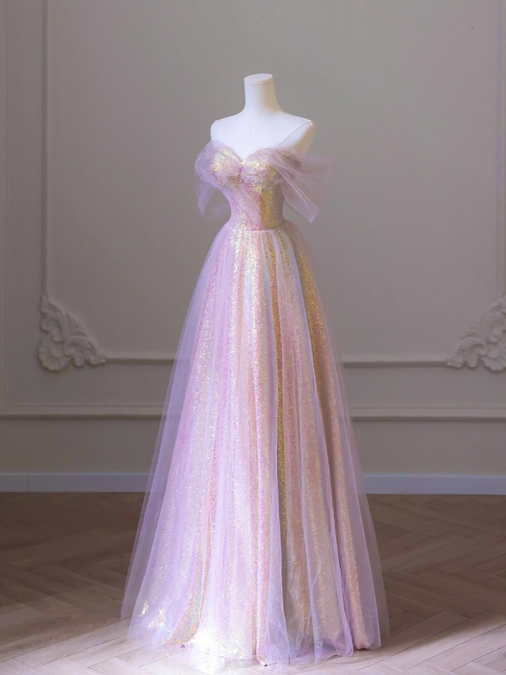 Vestido de fiesta largo de tul brillante con lentejuelas, corte A, hombros descubiertos, Y1416