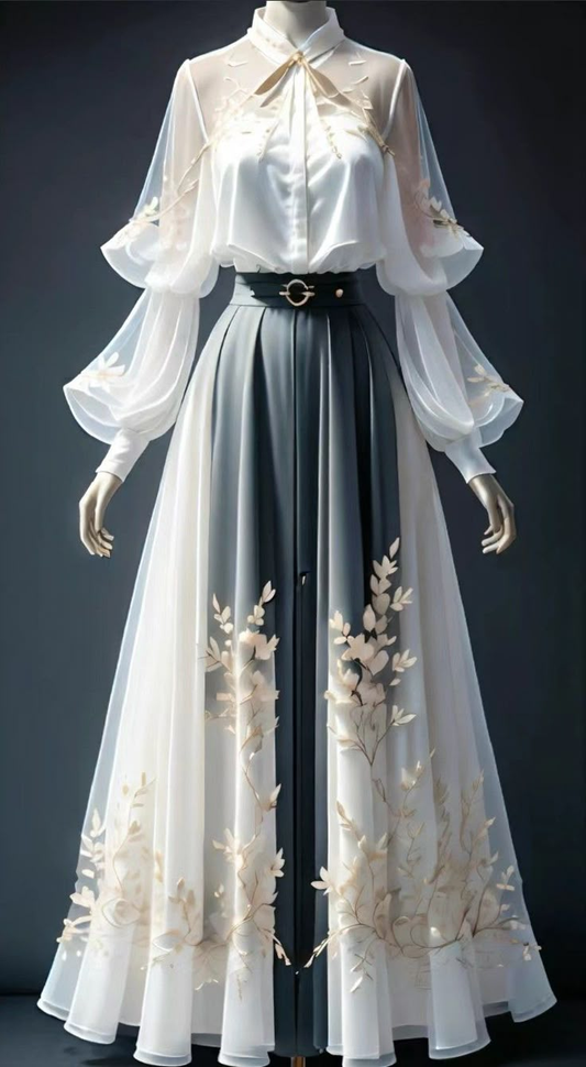 Elegante vestido de fiesta de tul blanco con apliques de encaje y mangas largas, corte en A, vestido de noche Y8514