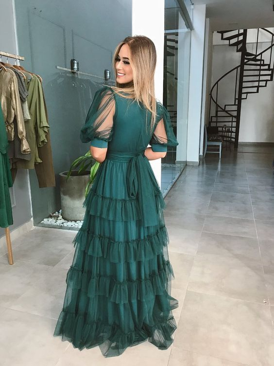 Grünes A-Linien-Ballkleid mit V-Ausschnitt und Tüll, mehrlagig, grünes Abendkleid Y6218