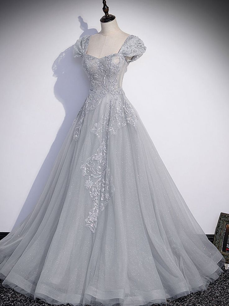 A-Linie Grau Tüll Pailletten Langes Ballkleid Grau Formales Abendkleid Y4733