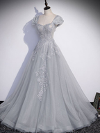 A-Linie Grau Tüll Pailletten Langes Ballkleid Grau Formales Abendkleid Y4733