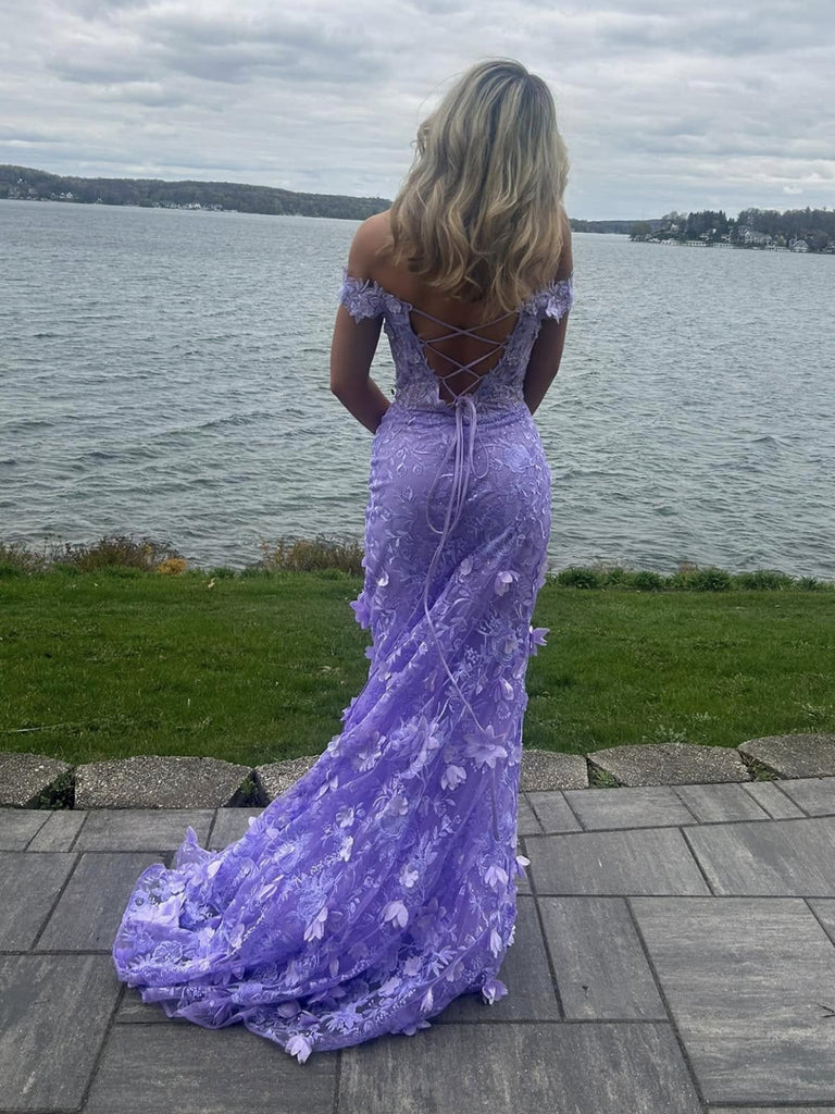 Hermosos vestidos de fiesta largos con hombros descubiertos, corte sirena, encaje lila, floral, vestidos de noche de graduación con abertura alta Y7848
