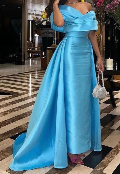 Schulterfreies Abendkleid aus blauem Satin Y4026