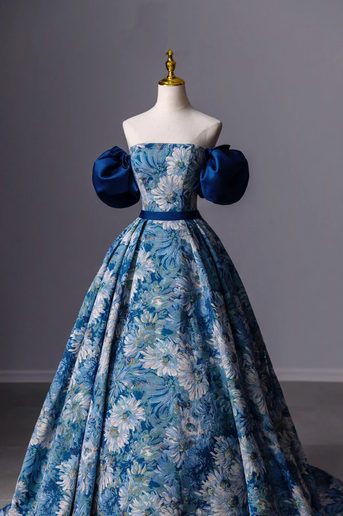 Blaues bedrucktes langes A-Linien-Ballkleid Blaues schulterfreies formelles Abendkleid Y4605