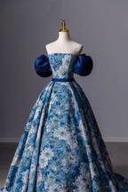 Blaues bedrucktes langes A-Linien-Ballkleid Blaues schulterfreies formelles Abendkleid Y4605