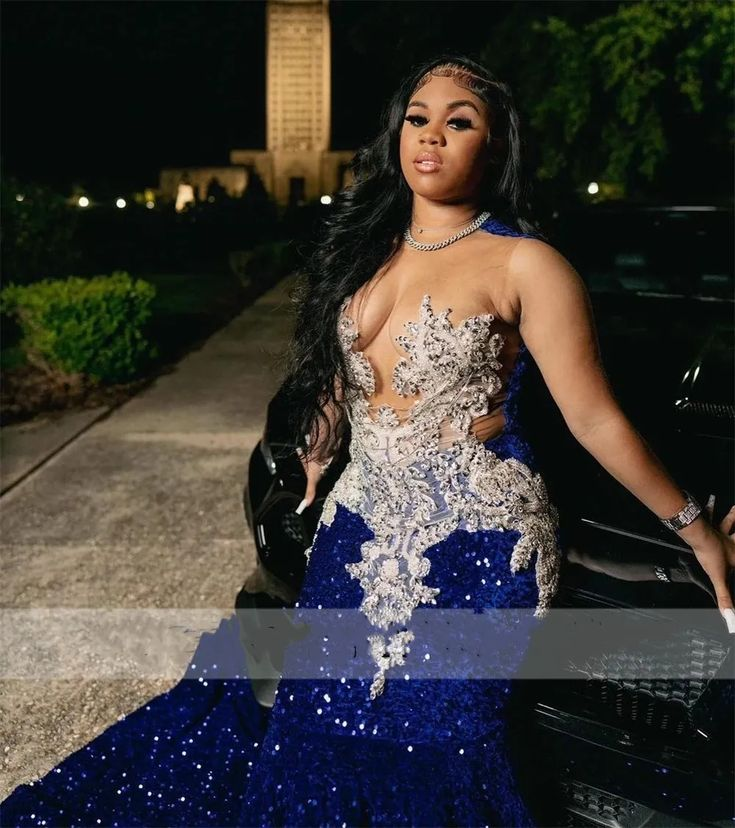 Abendkleid im Meerjungfrau-Stil mit königsblauen Pailletten und transparentem Halsausschnitt in Übergröße für formelle Abendveranstaltungen Y6358