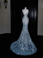 Vestido de noche largo de sirena con apliques de lentejuelas y tul azul sueño Y8673