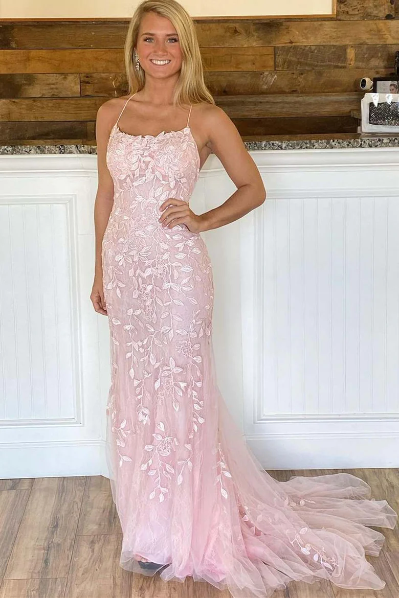 Rosa Meerjungfrau Spitze Tüll Ballkleid Schnürung am Rücken Abendkleid Y2902