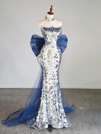 Glitzer Silber Pailletten Meerjungfrau Abendkleid Langes Ballkleid mit Schleife Y7746
