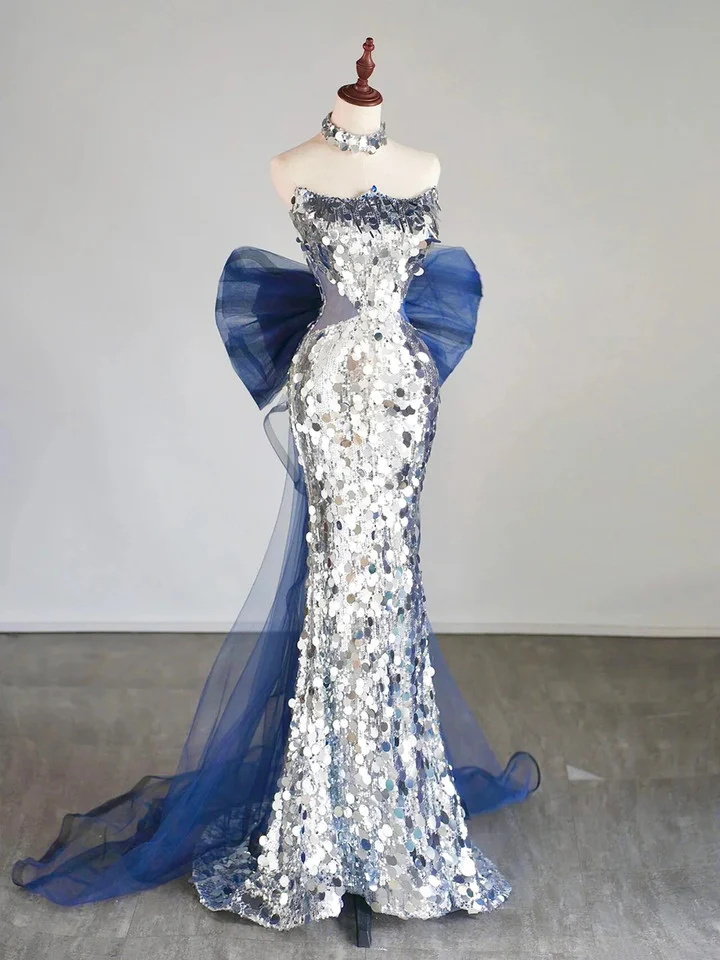 Glitzer Silber Pailletten Meerjungfrau Abendkleid Langes Ballkleid mit Schleife Y7746