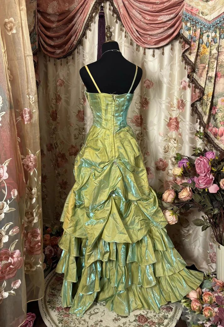 Vestido de fiesta largo de satén con tirantes finos, corte A, verde salvia, estilo vintage, con cuentas, Y8517