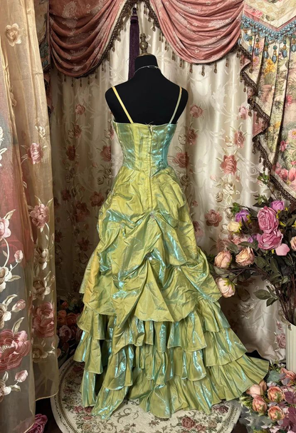 Vintage Sage Green A-Line Spaghetti Strap Satin Long Prom Dress Beaded Evening Dress Y8517