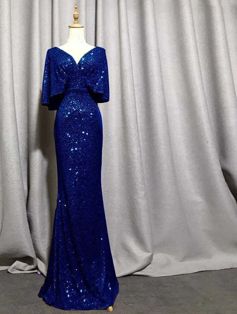 Vestido de noche sexy de sirena con escote en V y mangas cortas, elegante vestido de fiesta formal con mangas murciélago y purpurina Y1390