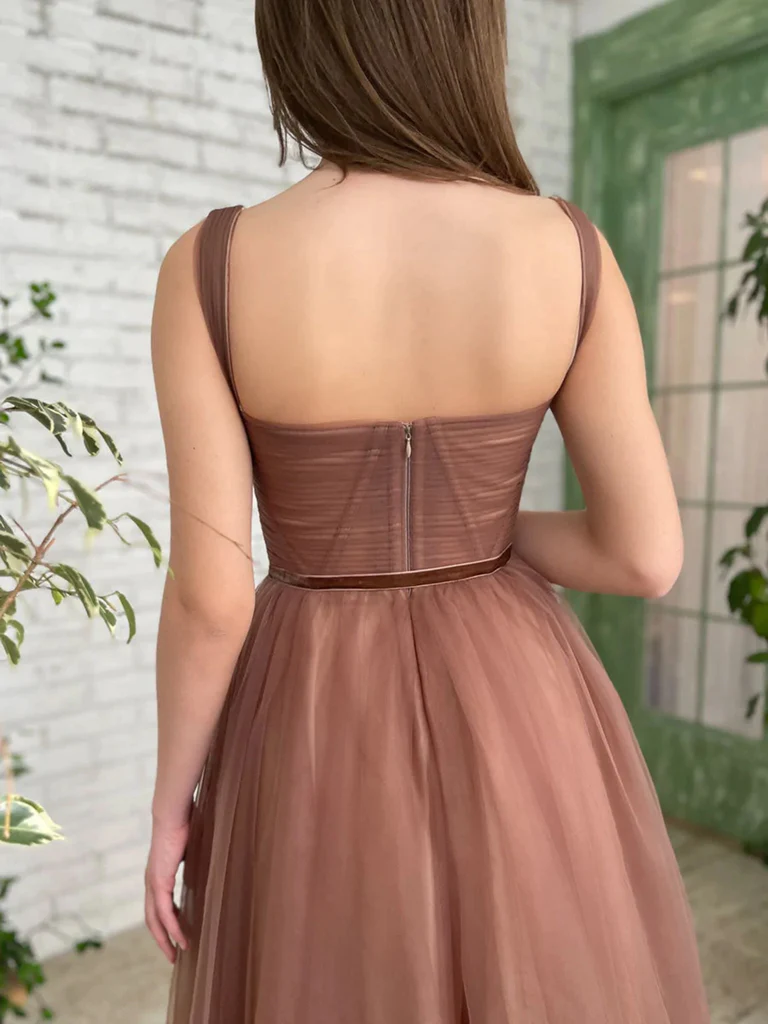 Vestidos de fiesta marrones de longitud media, vestidos de fiesta marrones de longitud media Y228