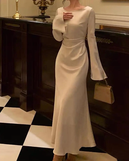 Vestido de noche de satén con cuello redondo para mujer, vestido de cóctel blanco sencillo Y6894