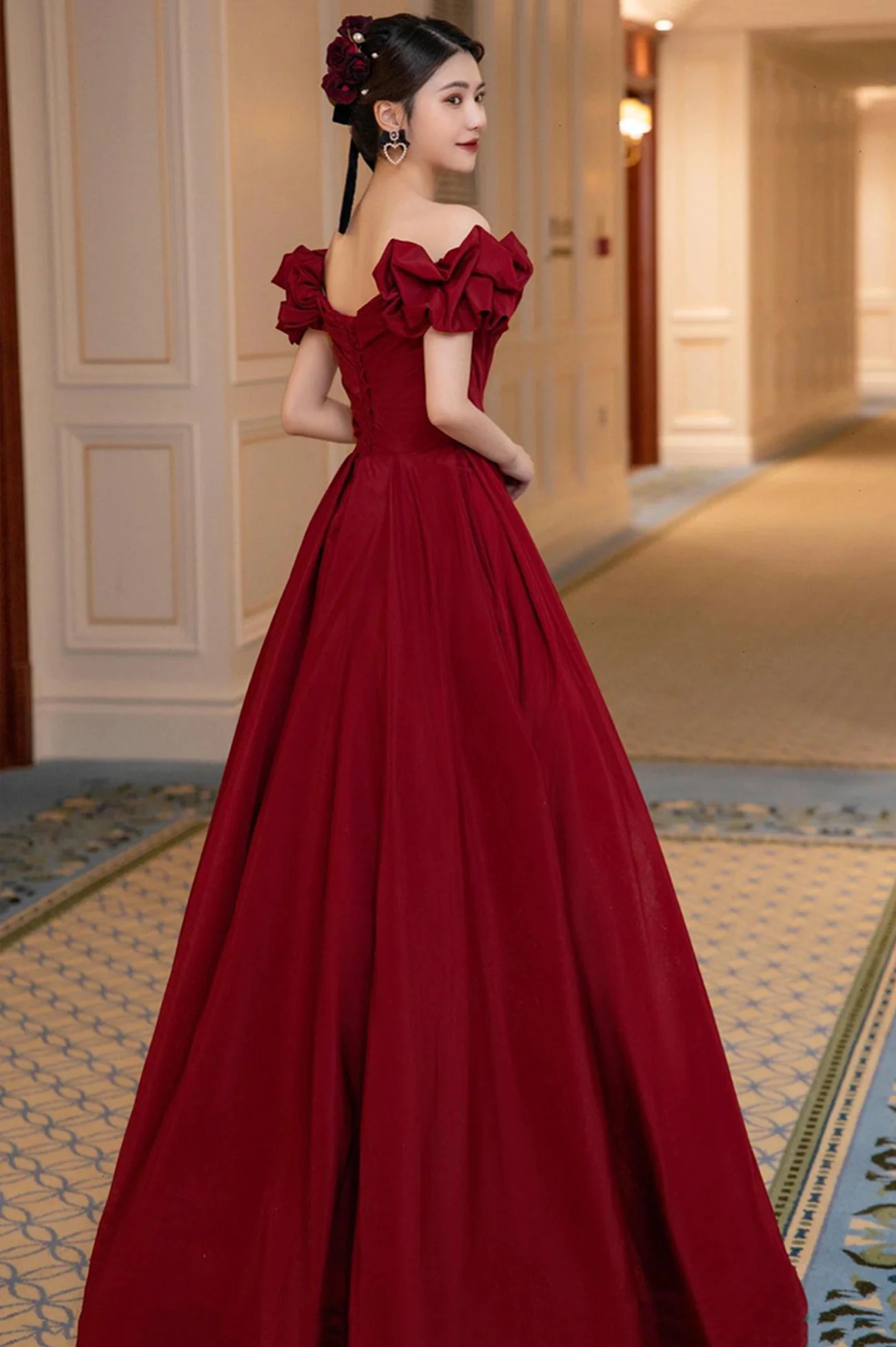 Burgunderrotes langes Satin-Ballkleid, A-Linien-Abendkleid Y1658