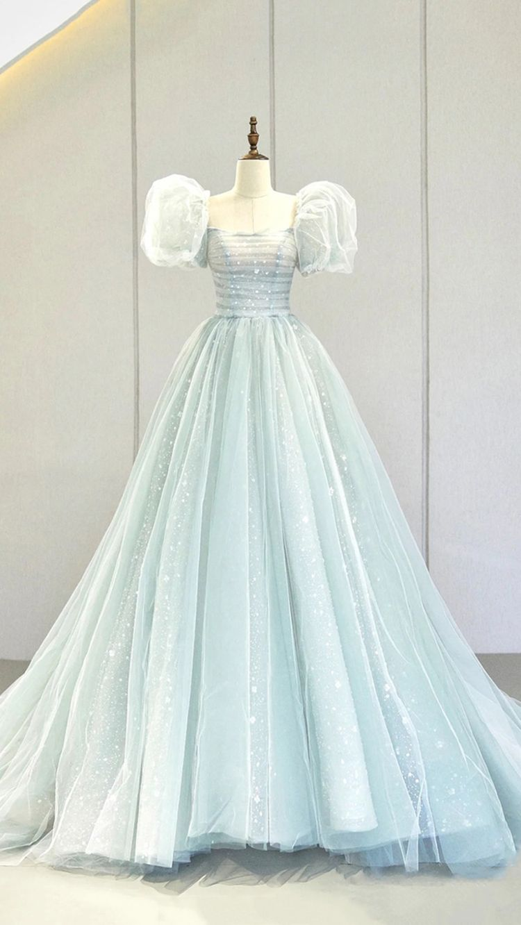 Vestido de fiesta largo azul con mangas abullonadas y corte en A, vestido de noche formal de tul Y2932