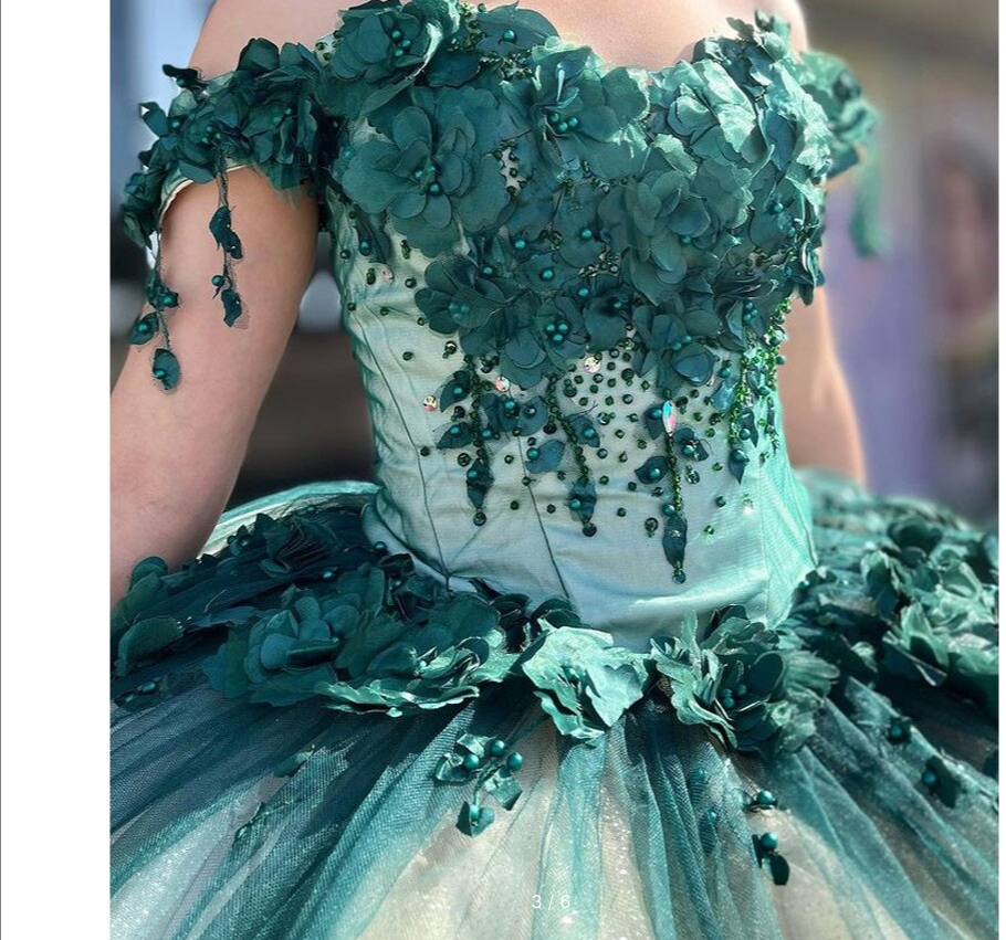 Vestido de quinceañera verde con hombros descubiertos, flores 3D, cuentas y apliques, para fiesta de quinceañera, graduación, Y292