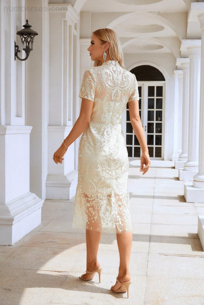 Vestido de noche corto estilo chino con bordado de manga corta para mujer, ideal para fiestas, bodas y compras SY28105 