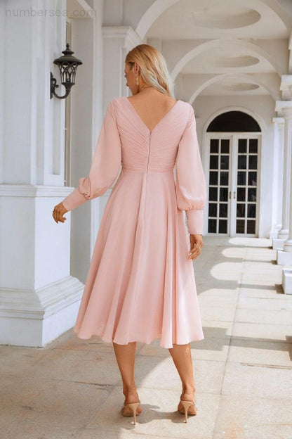 Women Chiffon V Neck Long Sleeves Knee Length Bridesmaid Prom Evening Dress Wedding Party Shopping SY28107