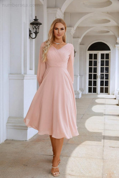 Women Chiffon V Neck Long Sleeves Knee Length Bridesmaid Prom Evening Dress Wedding Party Shopping SY28107