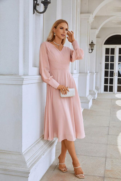 Women Chiffon V Neck Long Sleeves Knee Length Bridesmaid Prom Evening Dress Wedding Party Shopping SY28107