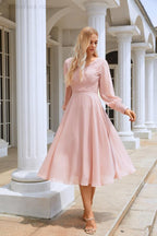 Vestido de gasa con escote en V y mangas largas hasta la rodilla para dama de honor, fiesta de graduación, boda, compras, SY28107 