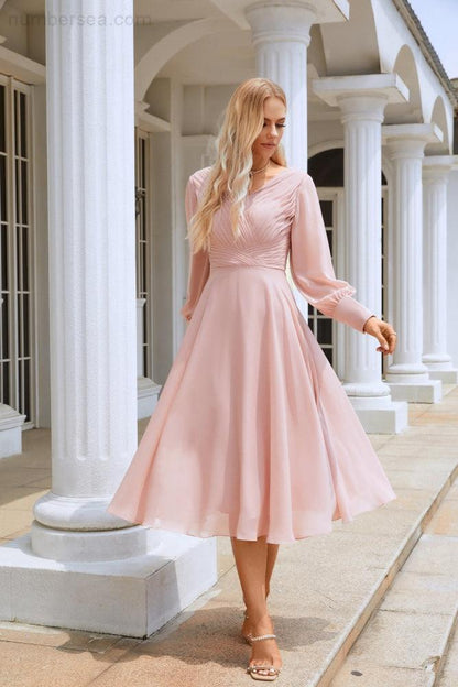 Women Chiffon V Neck Long Sleeves Knee Length Bridesmaid Prom Evening Dress Wedding Party Shopping SY28107