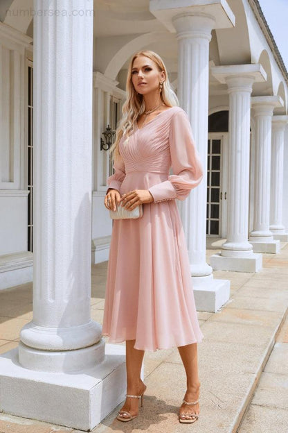 Women Chiffon V Neck Long Sleeves Knee Length Bridesmaid Prom Evening Dress Wedding Party Shopping SY28107