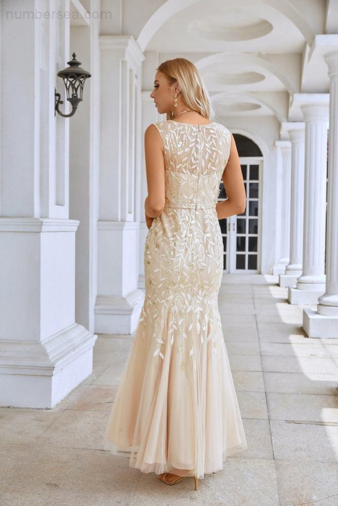 Damen V-Ausschnitt Stickerei Ärmellos Bodenlang Meerjungfrau Brautjungfer Abendkleid Hochzeit Party Abschlussball Abendkleid SY28110 