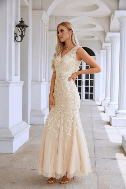 Damen V-Ausschnitt Stickerei Ärmellos Bodenlang Meerjungfrau Brautjungfer Abendkleid Hochzeit Party Abschlussball Abendkleid SY28110 