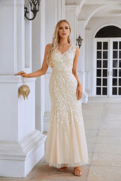Damen V-Ausschnitt Stickerei Ärmellos Bodenlang Meerjungfrau Brautjungfer Abendkleid Hochzeit Party Abschlussball Abendkleid SY28110 