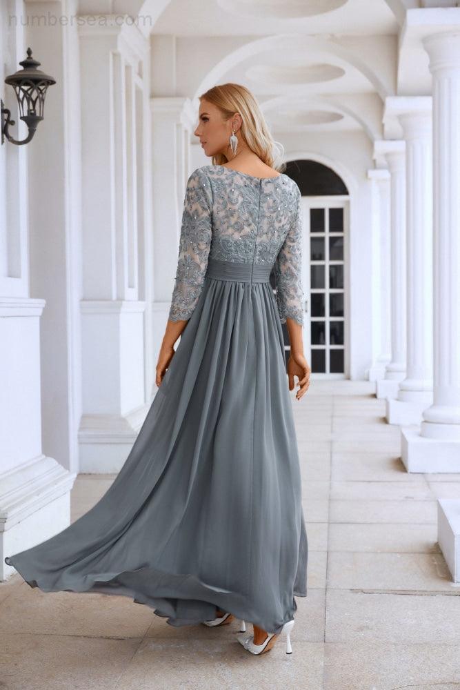 Vestido de noche de gasa con cuello redondo y manga larga para dama de honor, con encaje, para graduación y boda, SY28114 
