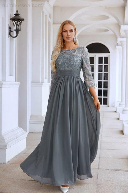 Damen Rundhals Langarm Spitze Chiffon Brautjungfer Abendkleid Abschlussball Hochzeit Abendkleid SY28114 