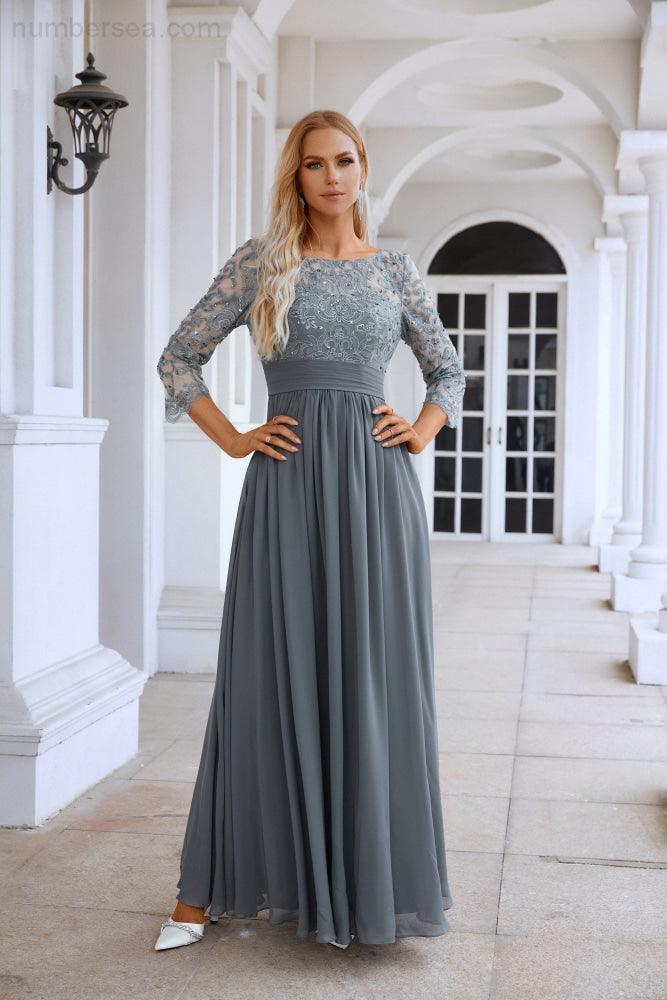 Damen Rundhals Langarm Spitze Chiffon Brautjungfer Abendkleid Abschlussball Hochzeit Abendkleid SY28114 