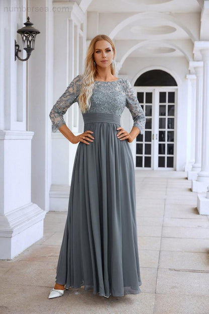 Damen Rundhals Langarm Spitze Chiffon Brautjungfer Abendkleid Abschlussball Hochzeit Abendkleid SY28114 