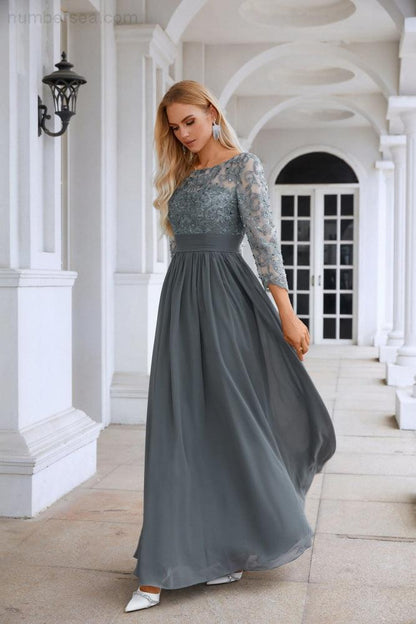 Damen Rundhals Langarm Spitze Chiffon Brautjungfer Abendkleid Abschlussball Hochzeit Abendkleid SY28114 