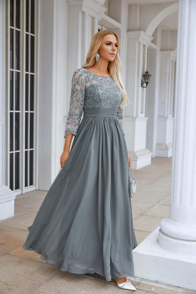 Vestido de noche de gasa con cuello redondo y manga larga para dama de honor, con encaje, para graduación y boda, SY28114 