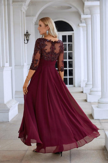 Women's Chiffon V Neck Tulle Embroidered Sequins Bridesmaid Evening Gown Prom Wedding Party Dress SY28129