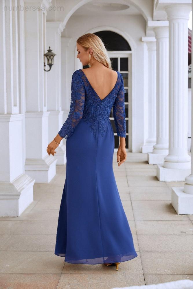 Vestido de dama de honor de gasa con escote en V, bordado, manga larga, abertura frontal, para boda, fiesta, graduación, noche, SY28130 