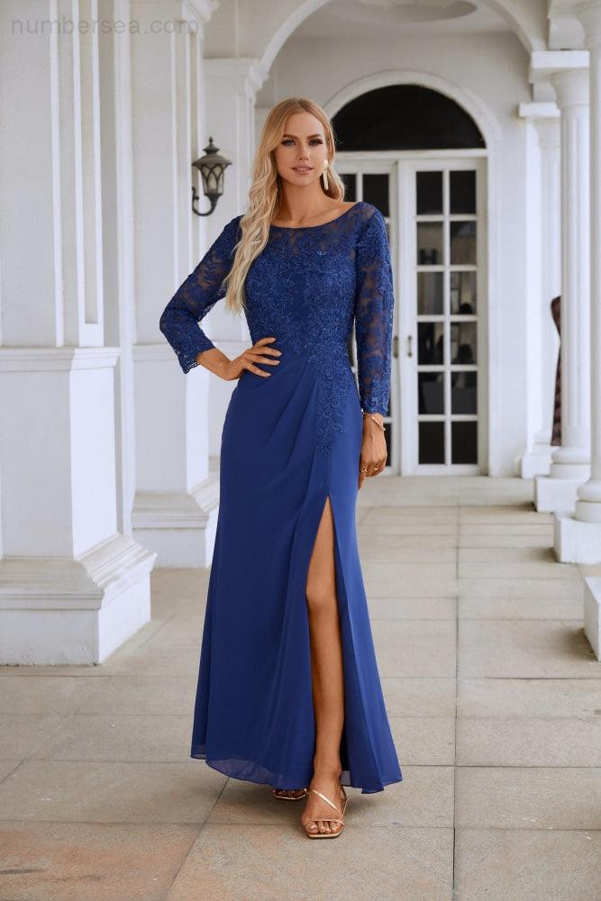 Vestido de dama de honor de gasa con escote en V, bordado, manga larga, abertura frontal, para boda, fiesta, graduación, noche, SY28130 