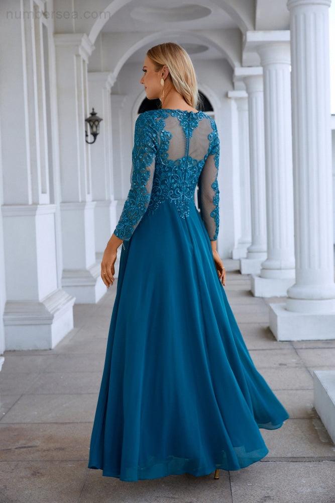 Vestido de noche de gasa con encaje, manga larga y cuello redondo para dama de honor, para boda, fiesta, graduación, SY28132 