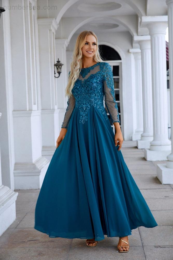 Vestido de noche de gasa con encaje, manga larga y cuello redondo para dama de honor, para boda, fiesta, graduación, SY28132 