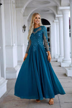 Vestido de noche de gasa con encaje, manga larga y cuello redondo para dama de honor, para boda, fiesta, graduación, SY28132 