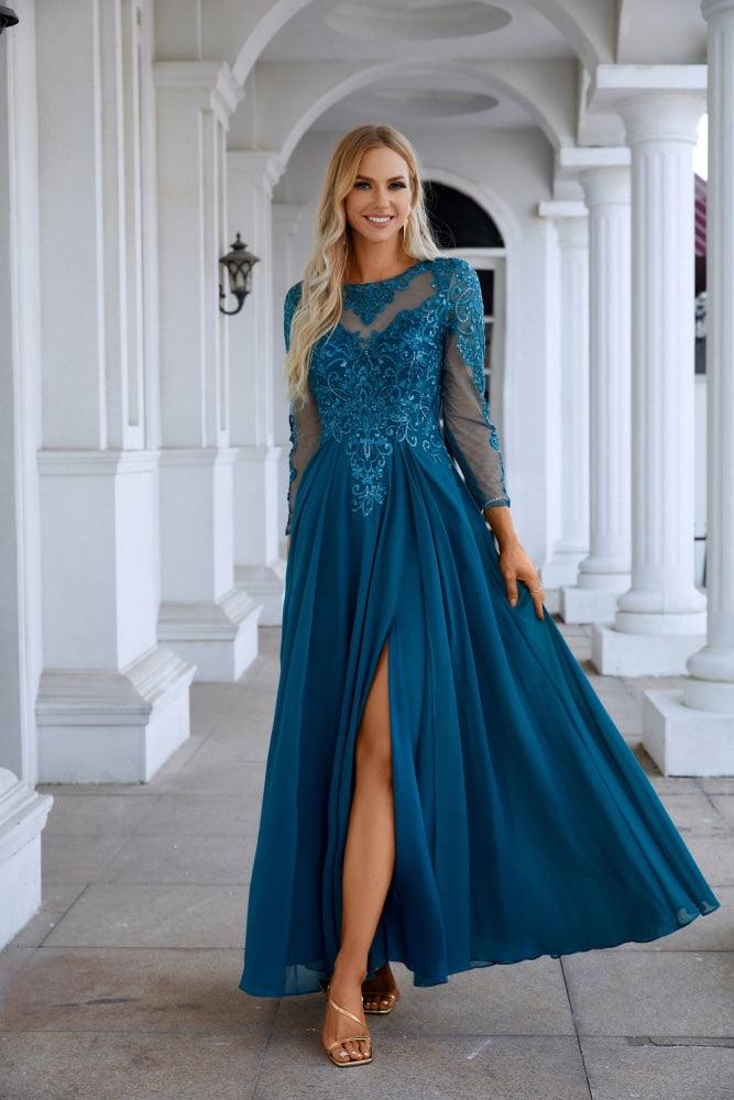 Vestido de noche de gasa con encaje, manga larga y cuello redondo para dama de honor, para boda, fiesta, graduación, SY28132 