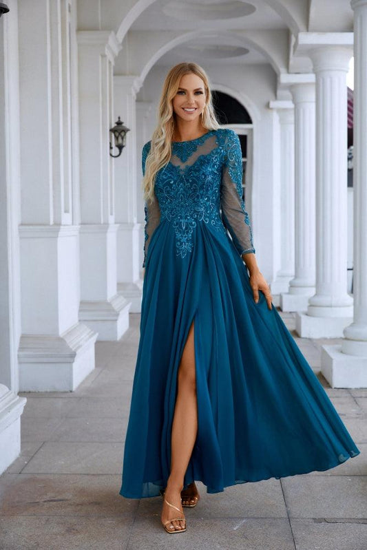 Chiffon Spitze Langarm Rundhals Brautjungfer Abendkleid Hochzeit Party Prom Abendkleid SY28132 