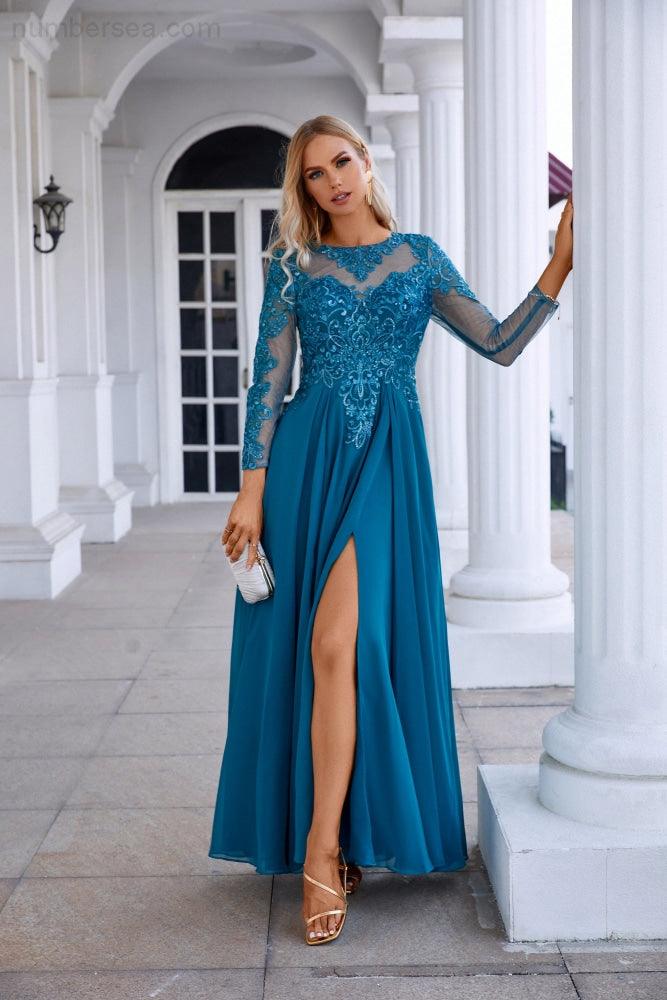 Vestido de noche de gasa con encaje, manga larga y cuello redondo para dama de honor, para boda, fiesta, graduación, SY28132 