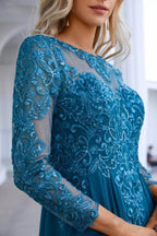 Vestido de noche de gasa con encaje, manga larga y cuello redondo para dama de honor, para boda, fiesta, graduación, SY28132 