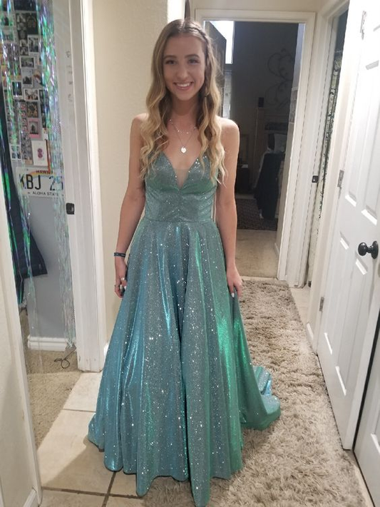 Glänzendes A-Linien-Abendkleid mit V-Ausschnitt, Abschlusskleid Y6754