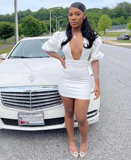 Classic Graduation Outfit Dress White Short Homecoming Dress Deep V Neck Party Dress Y2005
